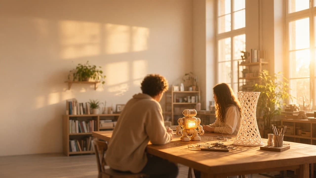 Two people building a small robot at a wooden table in morning light