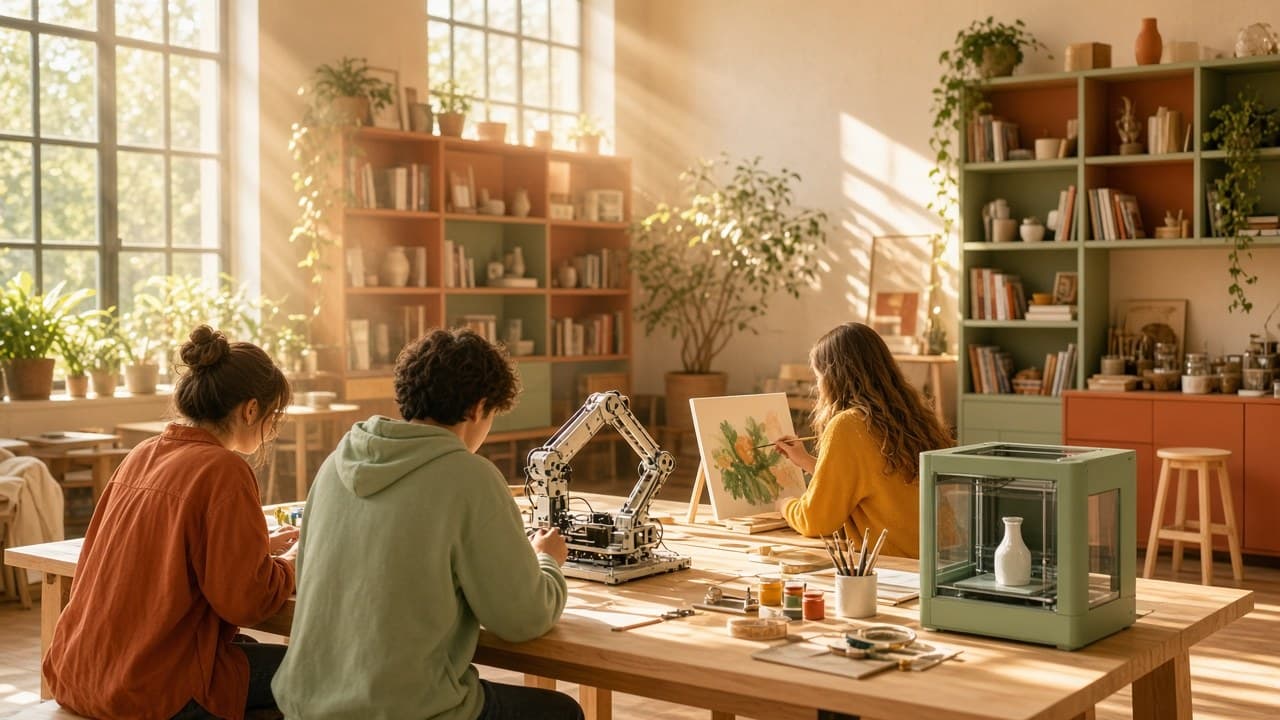 A makerspace in warm morning light, with tools and work on the tables